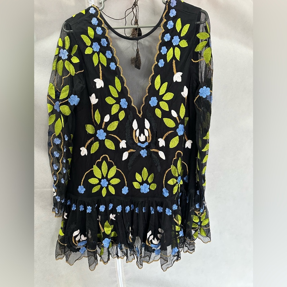 Free People Black Blouse with Blue and Green Embroidery